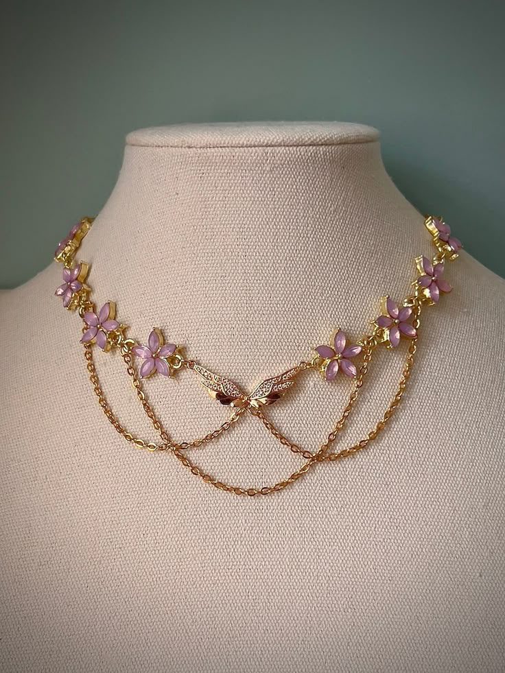 Elegant Pink Floral Butterfly Choker Necklace Angelic Fairycore Necklace Gold Regency Princess Choker Evening Party Prom Necklaces Etsy