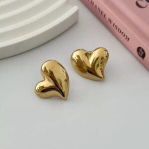 Gold Puffy Heart Stud Earrings