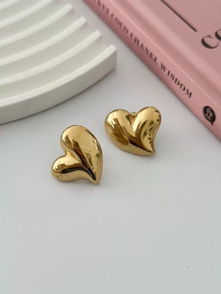 Gold Puffy Heart Stud Earrings