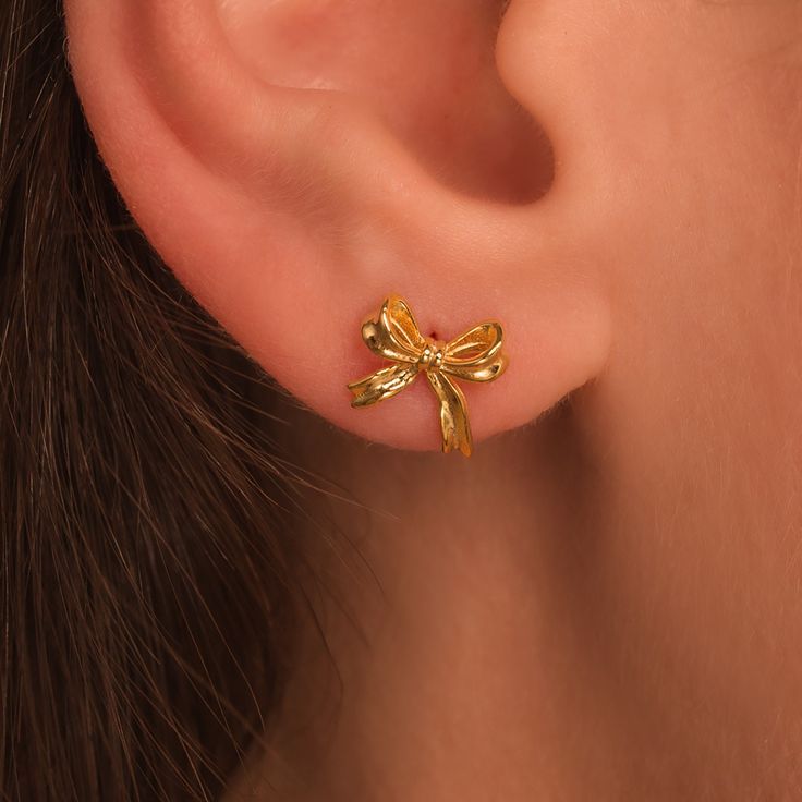 Small Gold Bow Tie Studs Earrings - Image 2
