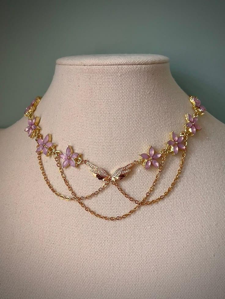 Elegant Pink Floral Butterfly Choker Necklace Angelic Fairycore Necklace Gold Regency Princess Choker Evening Party Prom Necklaces Etsy