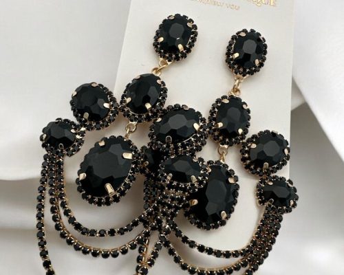 Elegant Diamante Rhinestone Tassel Statement Earrings – Luxury Sparkle Drop for Glam Events Black