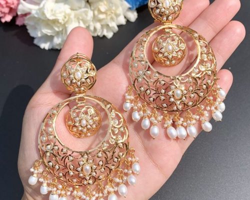 Ethnic Hyderabadi Jadu Chandbali Freshwater Pearl Silver Earrings Gold Plated